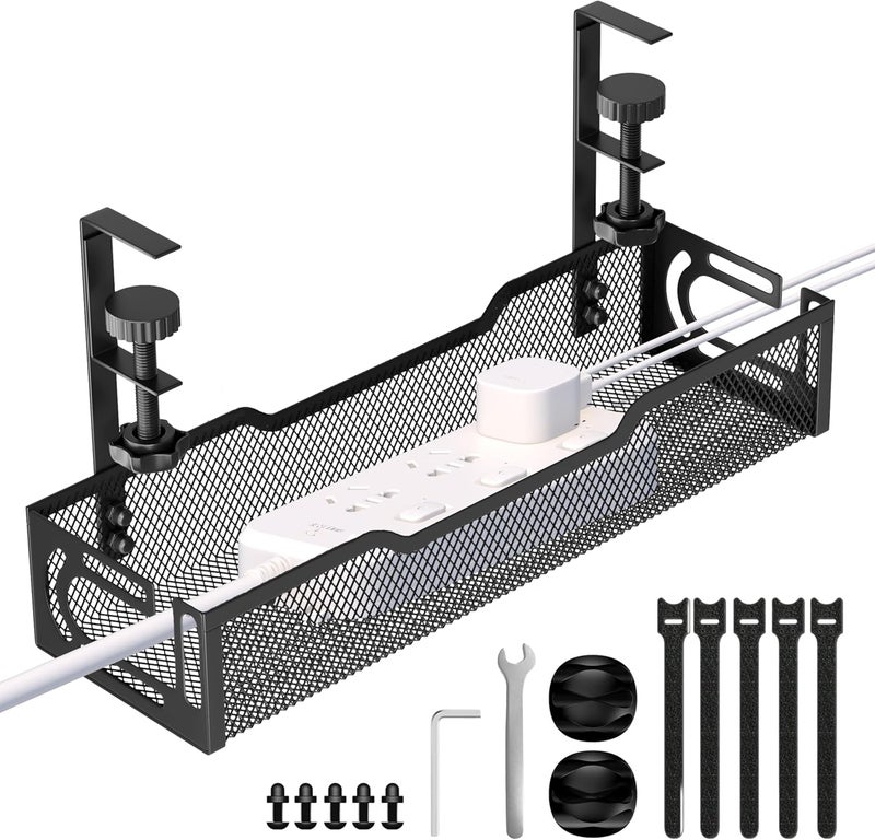 Ucanng Under Desk Cable Management Tray, No Drill Mesh Desk Cable Tray, Wire Management Tray Cable Management Rack, Wire Organizer and Cable Management Box (Black) - Image 1
